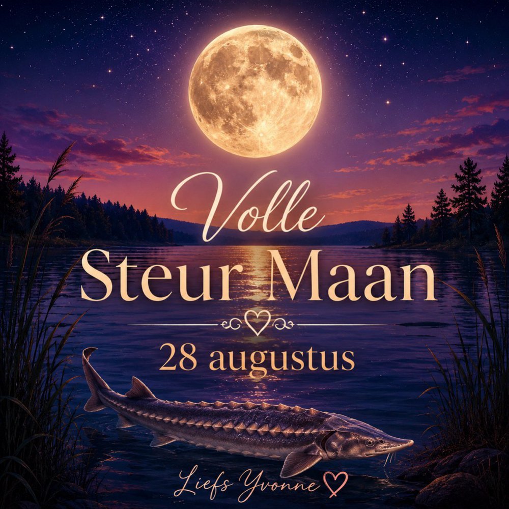 De Volle Steurmaan van 28 augustus 2026, een steur in het water onder een volle maan